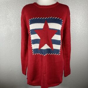 Quaker Factory Chunky Knit Sweater Womens S Red American Star Flag USA Patriotic